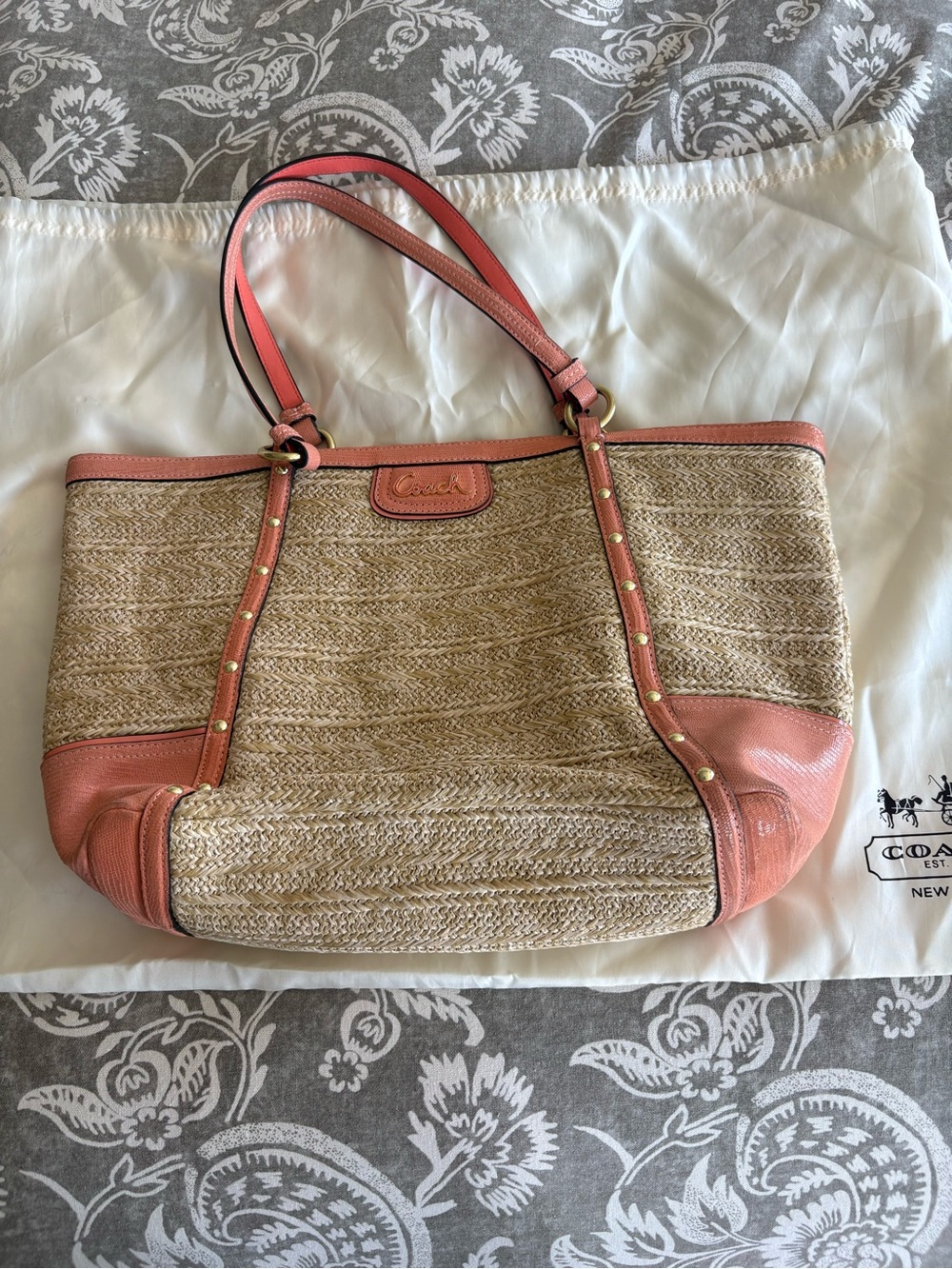 Coach Straw Tote with Top Zipper and CoralLeather Trim